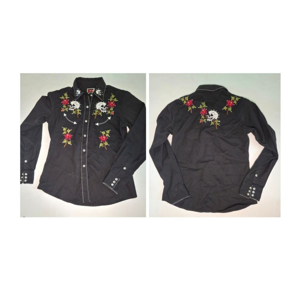 Brooks Dunn Western Shirt Black Men M Roses Skulls Panhandle Slim Halloween